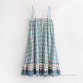 Loose Slim Positioning Green Printed Sling Dress